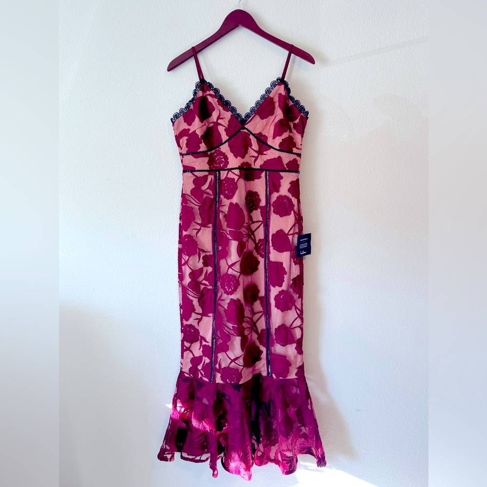 Lulus Alluring Dream Burgundy Floral Mesh Lace Trumpet Dress - Size M